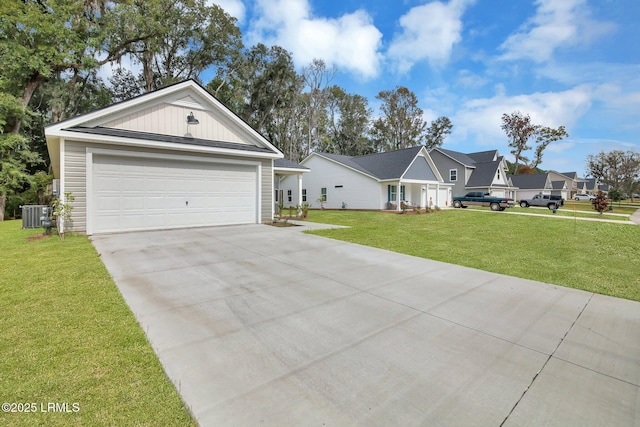 single story home with concrete driveway, a front lawn, and cooling unit