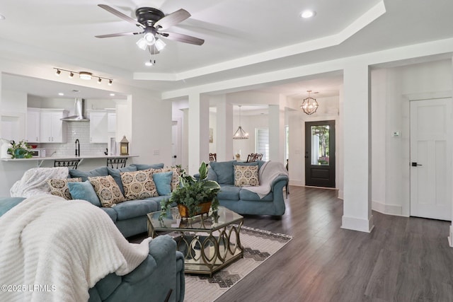 100 Drayton Dr, Ridgeland, SC 29936 - living room with dark wood-style floors, a chandelier, a ceiling fan, and recessed lighting