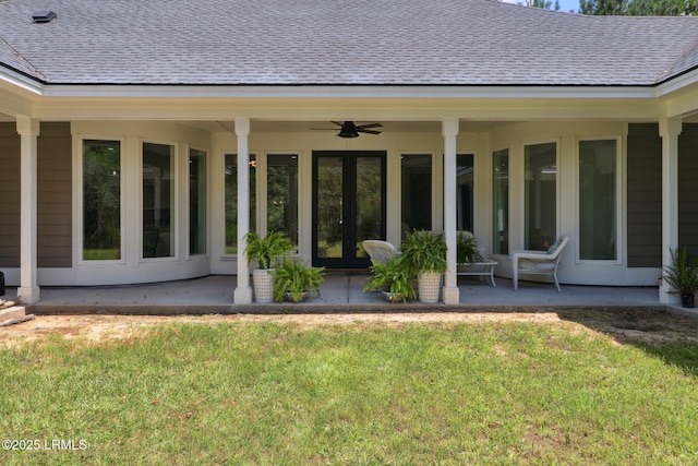 100 Drayton Dr, Ridgeland, SC 29936 - property entrance with french doors, a lawn, ceiling fan, and roof with shingles