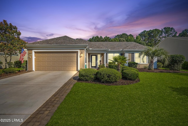 7 Fairforest Ln, Bluffton, SC 29909 - ranch-style home featuring driveway, a garage, stucco siding, a front lawn, and a shingled roof