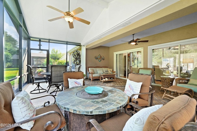 7 Fairforest Ln, Bluffton, SC 29909 - sunroom / solarium with a ceiling fan, outdoor lounge area, plenty of natural light, high vaulted ceiling, and beamed ceiling