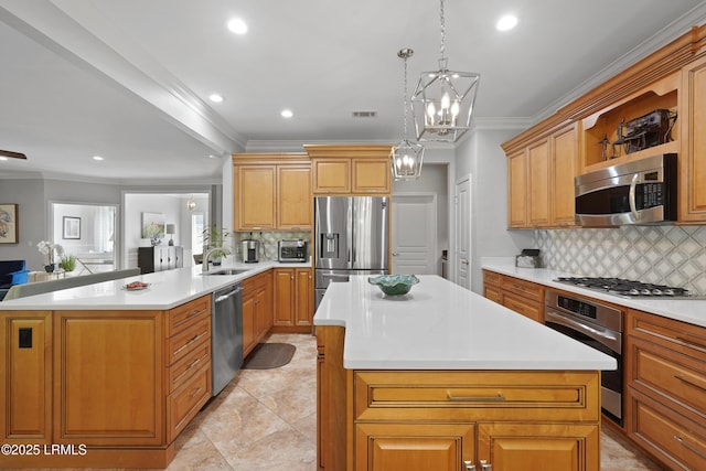 7 Fairforest Ln, Bluffton, SC 29909 - kitchen featuring appliances with stainless steel finishes, ornamental molding, a center island, decorative backsplash, and recessed lighting