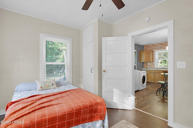 123 Moore St, Walterboro, SC 29488 - bedroom featuring washer / dryer, dark wood-style floors, and ceiling fan
