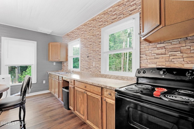 123 Moore St, Walterboro, SC 29488 - kitchen featuring black electric range, wood finished floors, and light countertops
