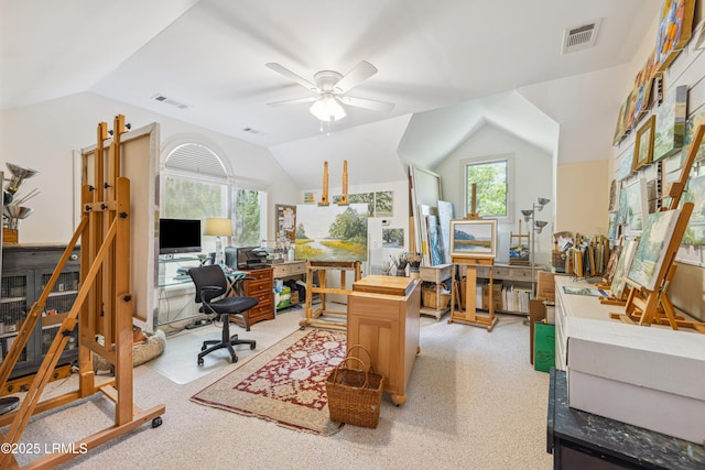8 Chechessee Cir, Okatie, SC 29909 - home office with a healthy amount of sunlight, lofted ceiling, visible vents, and ceiling fan