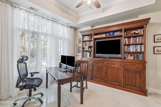 8 Chechessee Cir, Okatie, SC 29909 - home office with ceiling fan, baseboards, visible vents, and ornamental molding