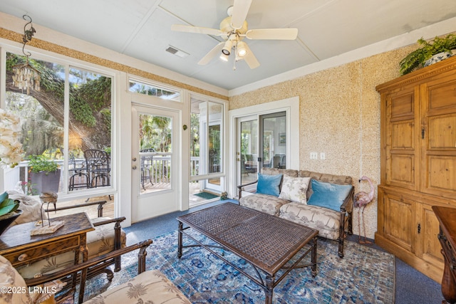8 Chechessee Cir, Okatie, SC 29909 - sunroom / solarium featuring carpet, visible vents, wallpapered walls, and a ceiling fan