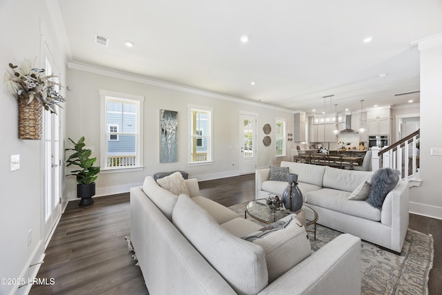 6 Skipperling Ct, Bluffton, SC 29909 - living room with crown molding, recessed lighting, baseboards, dark wood-style floors, and stairs