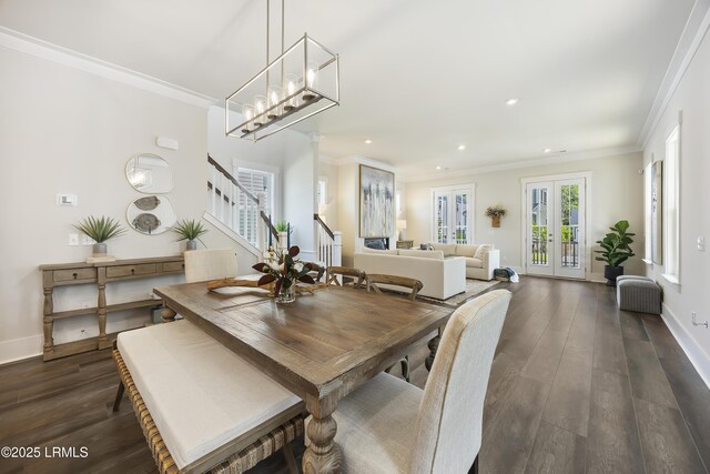 6 Skipperling Ct, Bluffton, SC 29909 - dining space featuring stairway, ornamental molding, dark wood-type flooring, recessed lighting, and baseboards