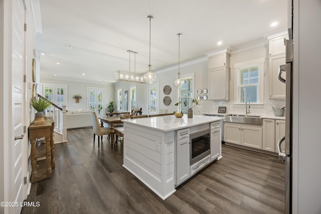 6 Skipperling Ct, Bluffton, SC 29909 - kitchen featuring a sink, ornamental molding, stainless steel microwave, dark wood-style flooring, and open floor plan