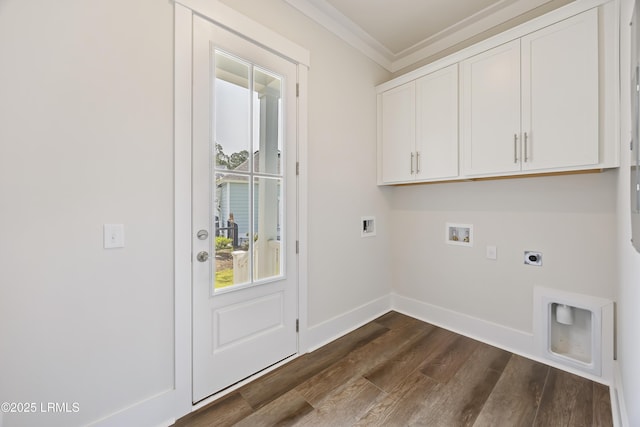 6 Skipperling Ct, Bluffton, SC 29909 - washroom with cabinet space, electric dryer hookup, washer hookup, crown molding, and dark wood-style flooring