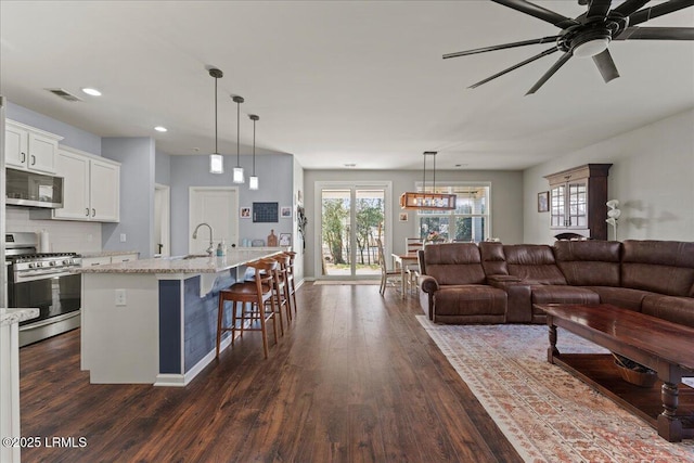 living room with ceiling fan, dark hardwood / wood-style floors, and sink