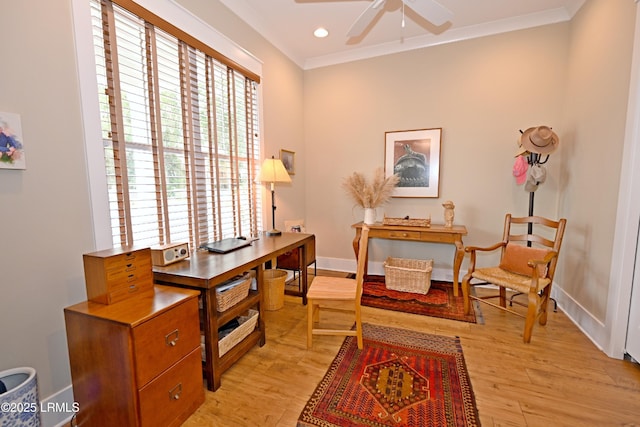 office with recessed lighting, a ceiling fan, baseboards, light wood finished floors, and crown molding