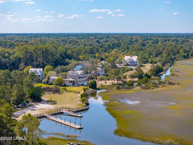 bird's eye view with a water view and a wooded view