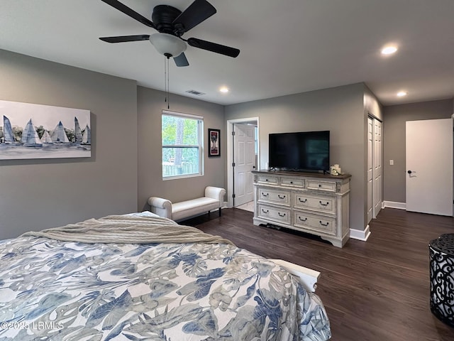 2410 Pine Ct N, Beaufort, SC 29902 - bedroom with baseboards, dark wood finished floors, recessed lighting, and ceiling fan