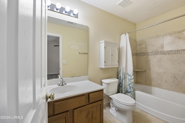 full bathroom featuring vanity, shower / bath combination with curtain, and toilet