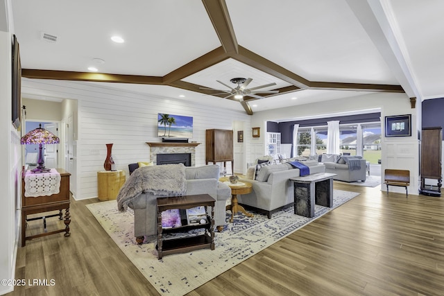 1619 Promenade Ln, Okatie, SC 29909 - living room with ceiling fan, a fireplace, and wood finished floors