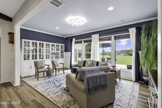 1619 Promenade Ln, Okatie, SC 29909 - living area featuring ornamental molding, wood finished floors, and recessed lighting
