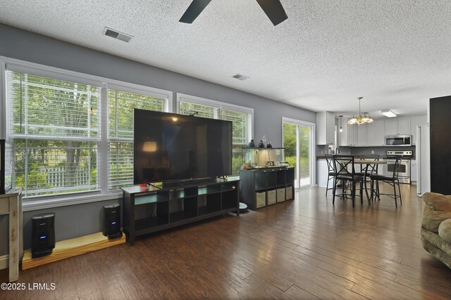 93 Heartstone Cir, Bluffton, SC 29910 - living area featuring a ceiling fan, a chandelier, a textured ceiling, and dark wood finished floors