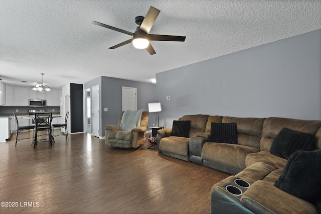 93 Heartstone Cir, Bluffton, SC 29910 - living area with a textured ceiling, a chandelier, a ceiling fan, and dark wood finished floors