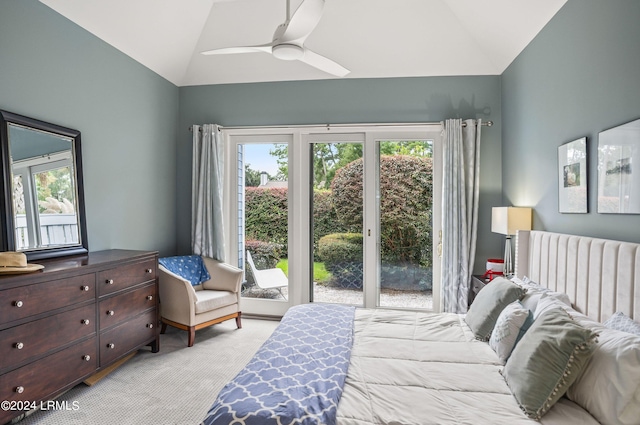 bedroom with radiator heating unit, lofted ceiling, light colored carpet, access to exterior, and ceiling fan