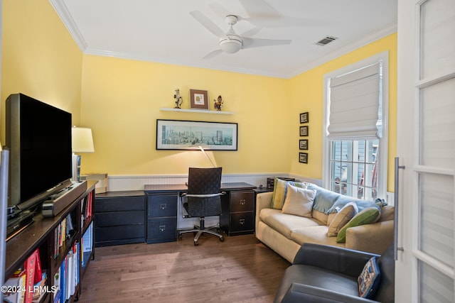 office with dark hardwood / wood-style flooring, ornamental molding, and ceiling fan