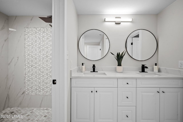 21 S Forest Beach Dr Unit 235, Hilton Head Island, SC 29928 - bathroom with double vanity, a marble finish shower, and a sink