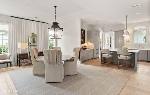 dining room with sink, a wealth of natural light, and light wood-type flooring