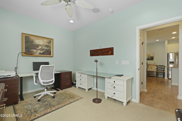 127 Kings Creek Dr, Bluffton, SC 29909 - office featuring a ceiling fan, baseboards, light colored carpet, and recessed lighting