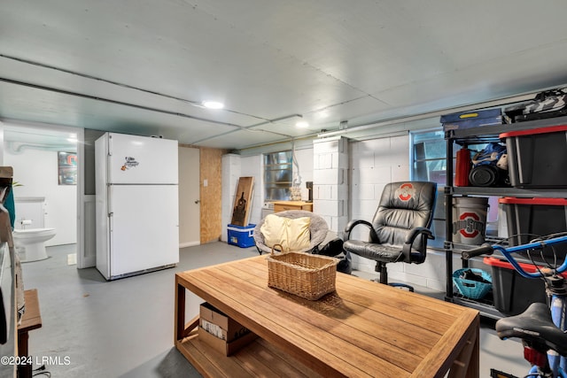 basement with white refrigerator