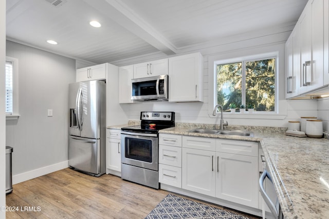 kitchen featuring stainless steel appliances, sink, white cabinets, and beam ceiling