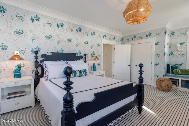 carpeted bedroom featuring ornamental molding and wallpapered walls