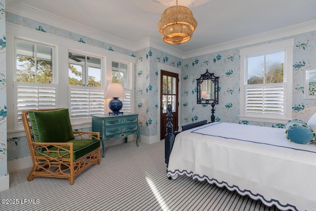 bedroom featuring wallpapered walls, carpet, and crown molding