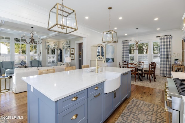 kitchen featuring crown molding, plenty of natural light, dark wood-style flooring, and a sink