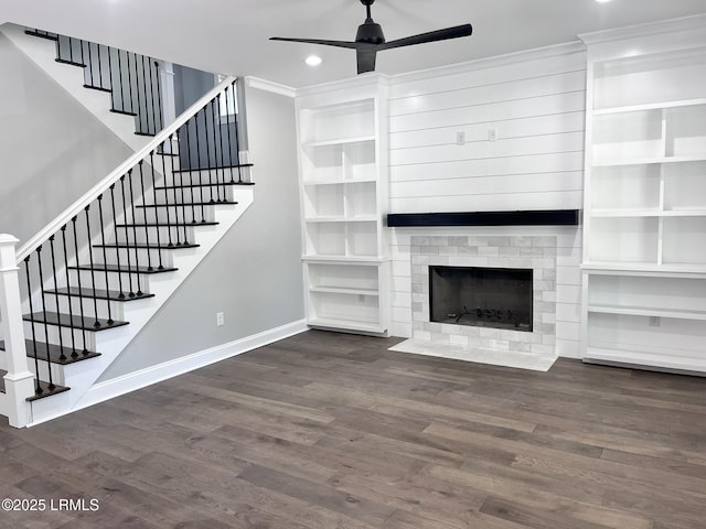 9 Attaway Ln, Beaufort, SC 29907 - unfurnished living room with ceiling fan, wood finished floors, stairway, baseboards, and recessed lighting