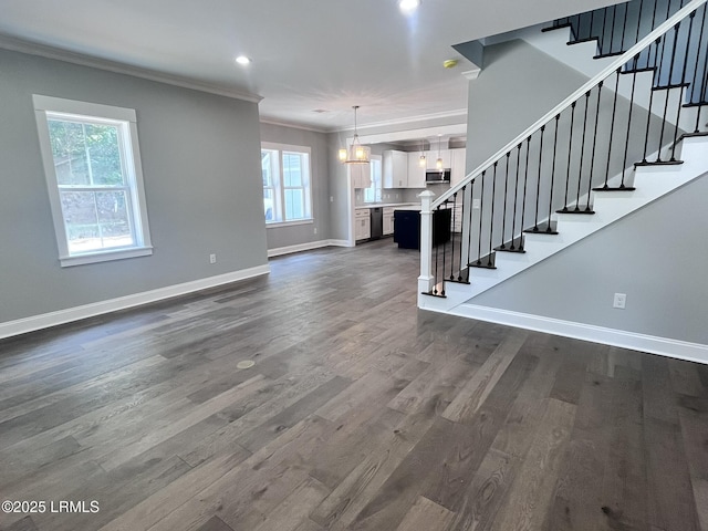 9 Attaway Ln, Beaufort, SC 29907 - unfurnished living room featuring crown molding, baseboards, stairway, dark wood finished floors, and recessed lighting