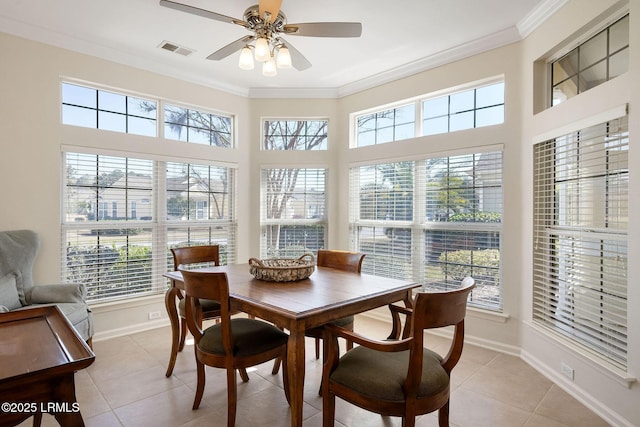 dining room featuring visible vents, crown molding, baseboards, light tile patterned floors, and a ceiling fan