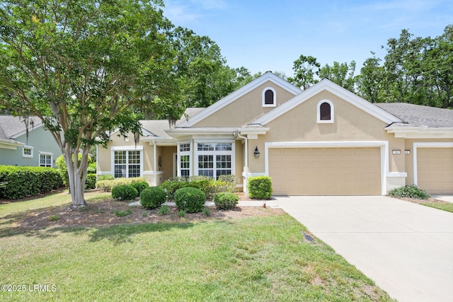 346 Landing Ln, Bluffton, SC 29909 - view of front of property with a garage, stucco siding, concrete driveway, and a front lawn