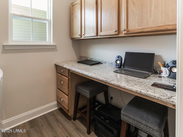 1872 Hearthstone Lake Dr, Ridgeland, SC 29936 - office featuring built in desk, dark wood-style flooring, and baseboards
