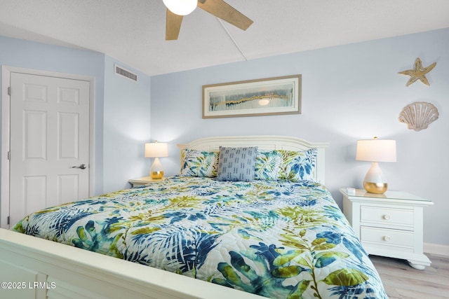 bedroom featuring ceiling fan and light hardwood / wood-style flooring