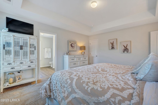 bedroom with ensuite bathroom and a raised ceiling