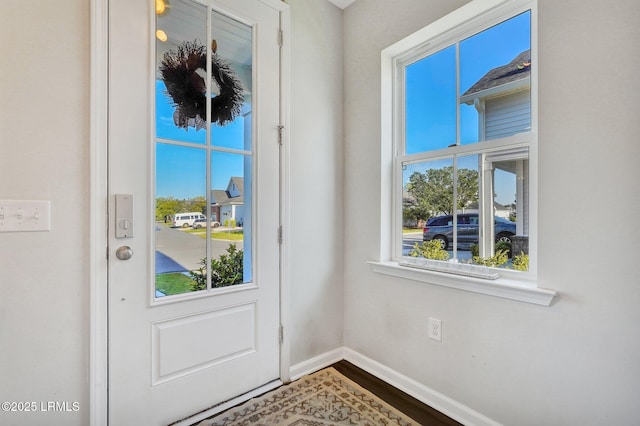 doorway to outside with wood finished floors, a wealth of natural light, and baseboards