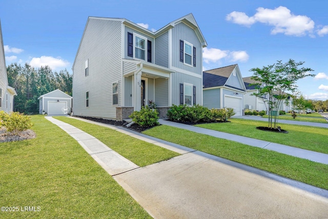 view of front of home featuring concrete driveway, a front lawn, board and batten siding, an outdoor structure, and a garage