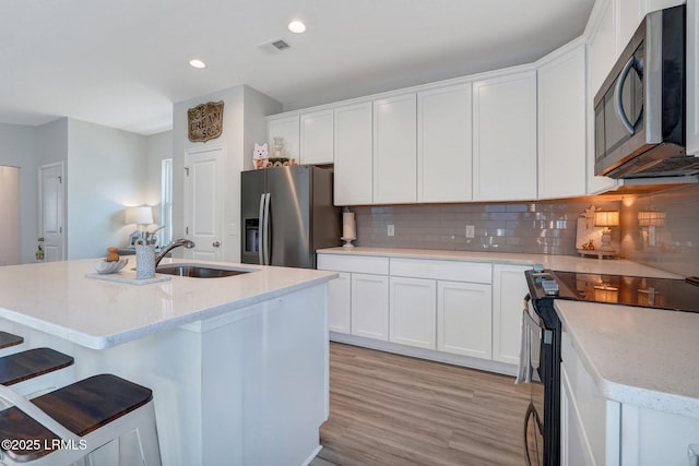 kitchen featuring white cabinets, stainless steel appliances, a breakfast bar, a sink, and tasteful backsplash