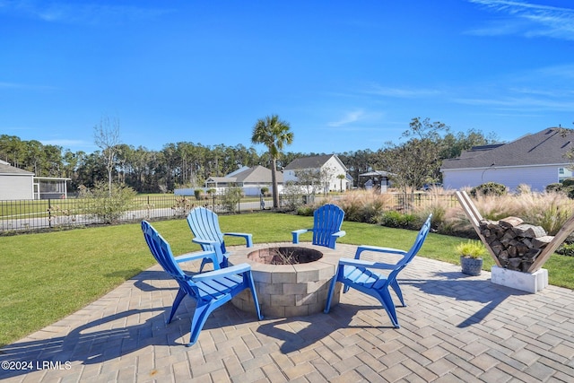 view of patio / terrace featuring an outdoor fire pit