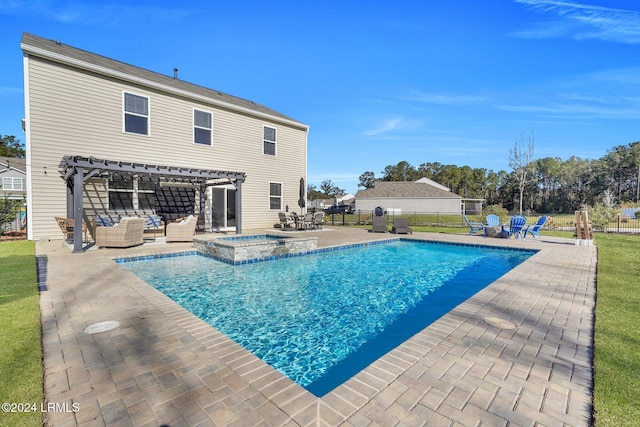 view of swimming pool featuring an in ground hot tub, outdoor lounge area, a pergola, and a patio