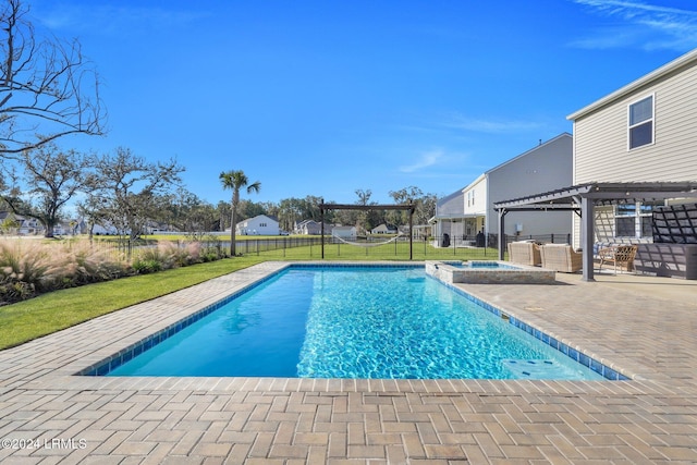 view of pool with a patio area, a lawn, a pergola, an in ground hot tub, and an outdoor living space