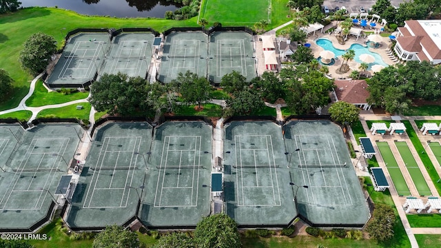 birds eye view of property featuring a water view