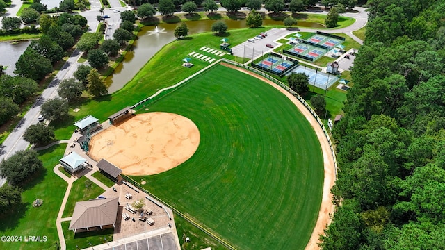 bird's eye view with a water view