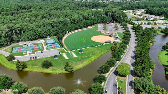 drone / aerial view featuring a water view